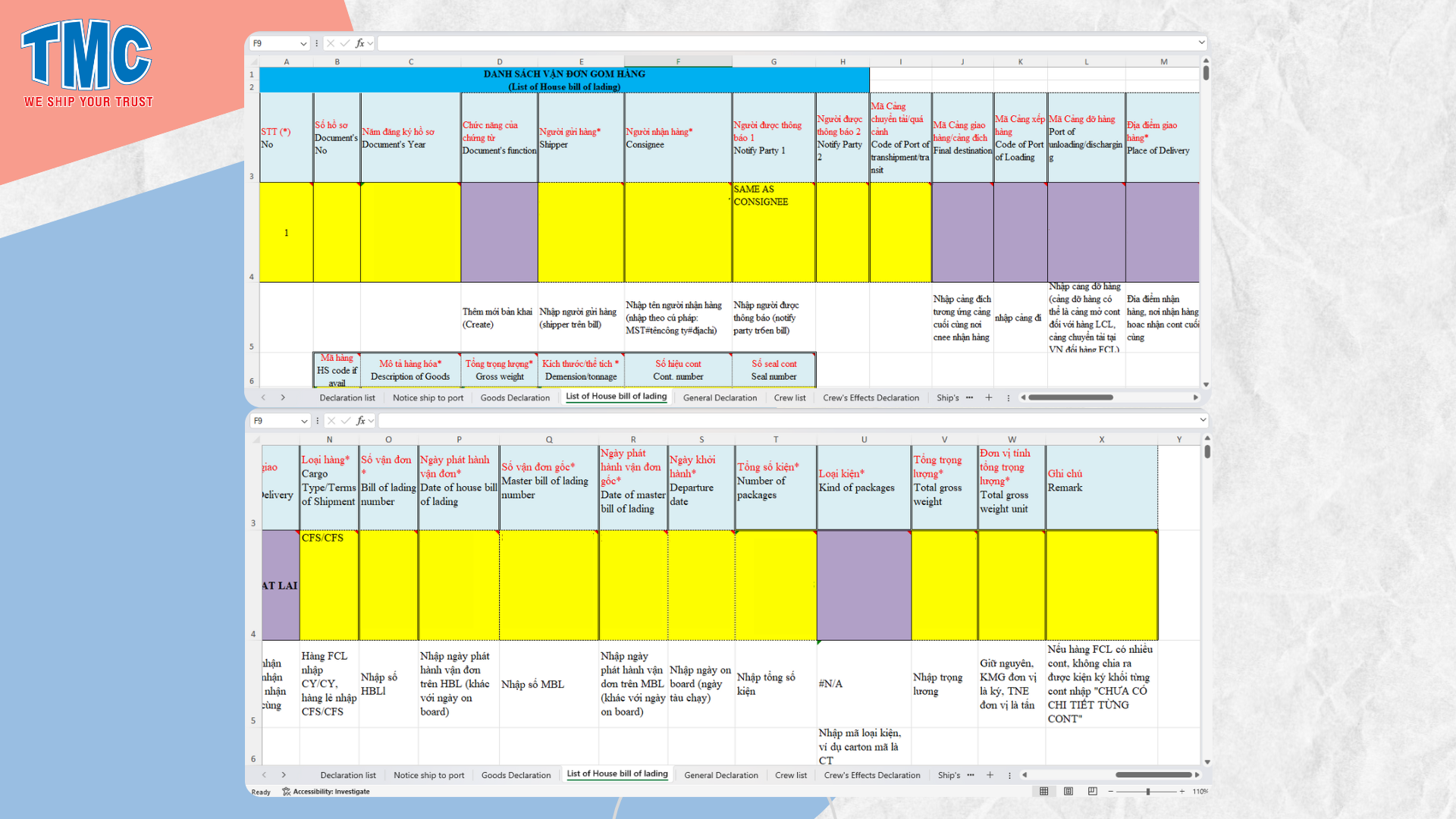 House bill of lading manifest